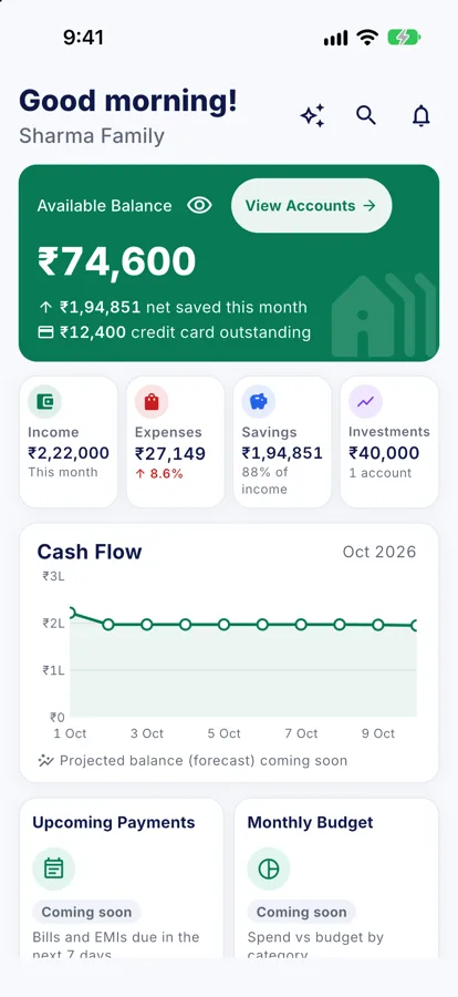 GharHisab home screen with available balance, monthly income and spending