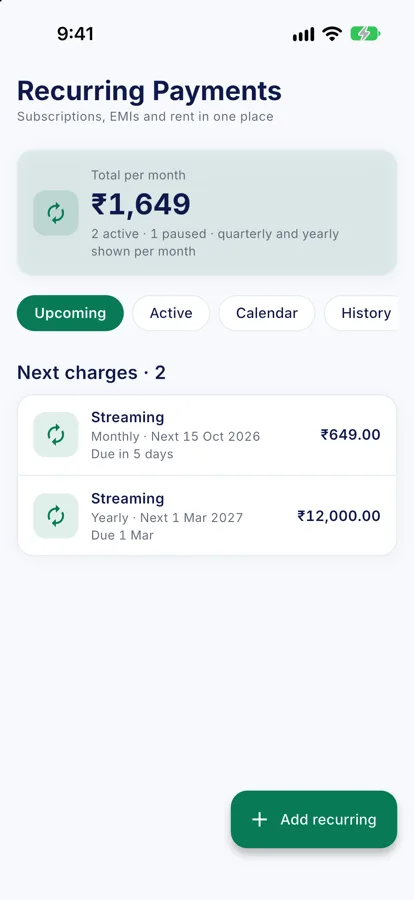 Bills & reminders screen in GharHisab